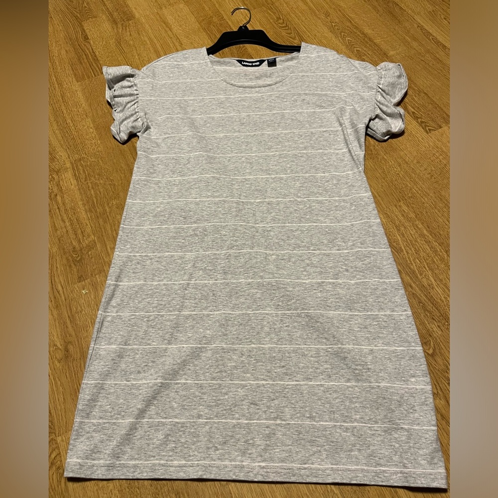 Lands End Heather Gray & white striped T-shirt dress with ruffled sleeve- sz XS